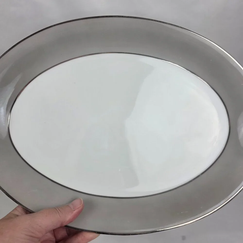 Sango Plantina Oval Serving Platter White with Gray Band & Platinum Trim